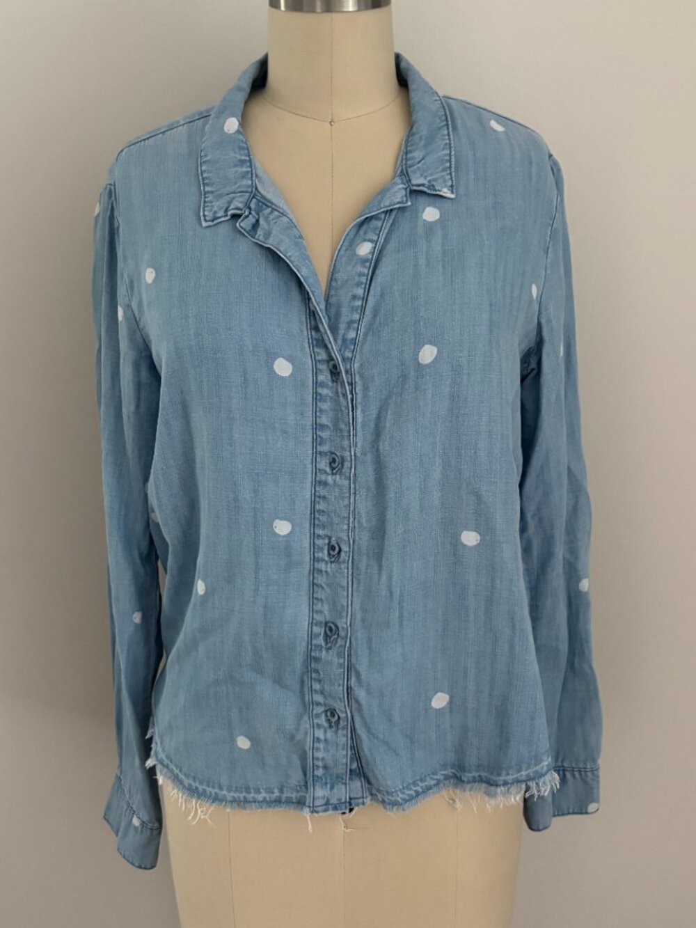 Anthropologie Cloth & Stone Blue Polka Dot Chambray Blouse Frayed Hem Boho S